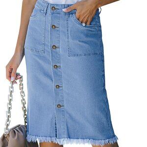 Women's Casual Mid Rise Button Down Frayed Raw Hem Denim Jean Midi Skirt